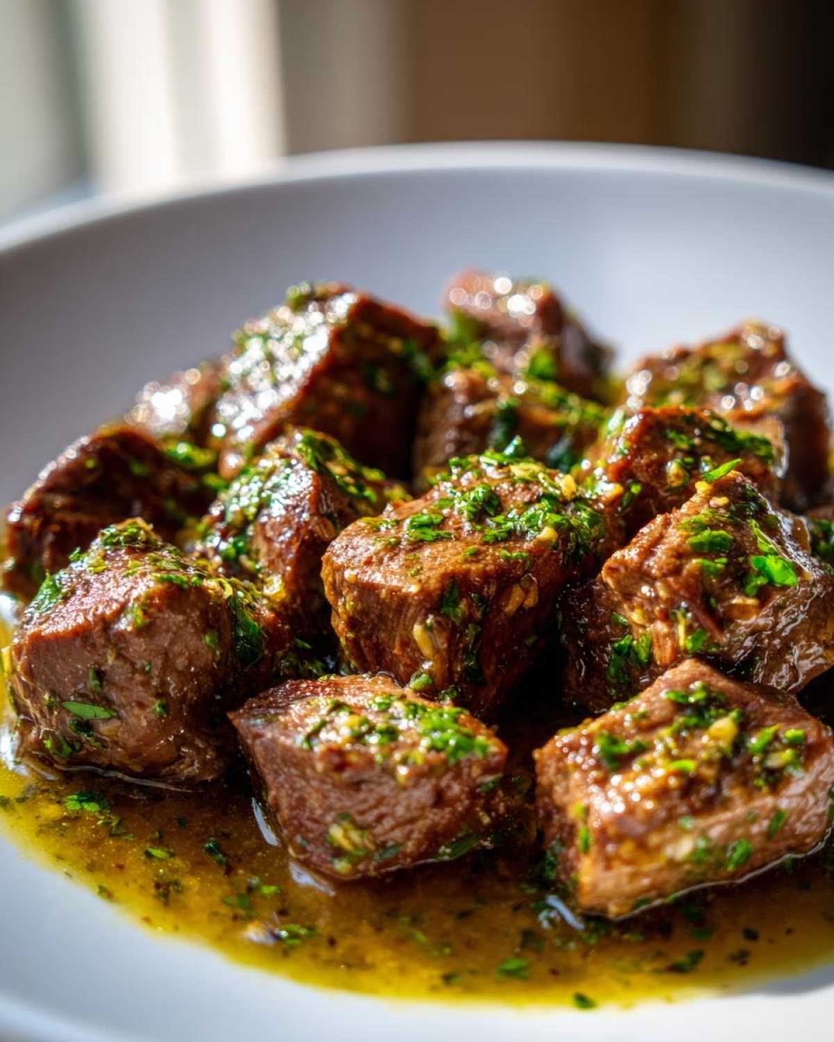 Close-up of tender crockpot steak cubes coated in a rich, herby, buttery sauce.