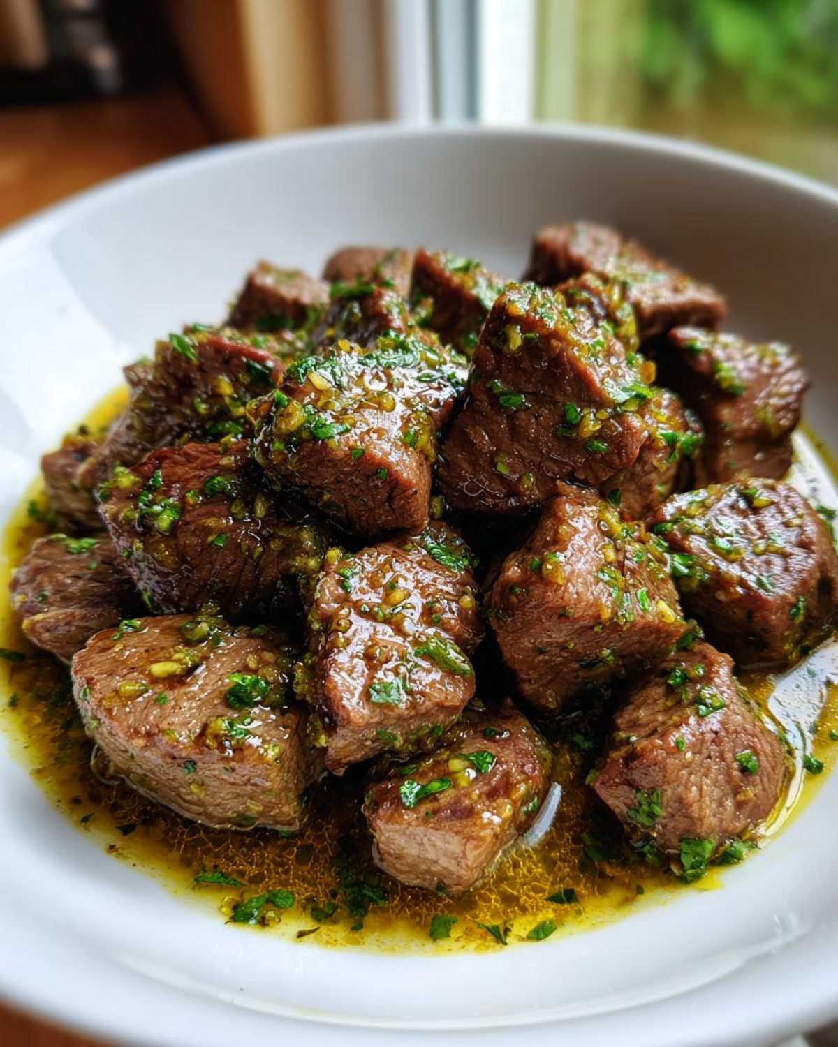 Close-up of tender crockpot steak bites coated in a rich, garlicky herb sauce served in a white bowl.