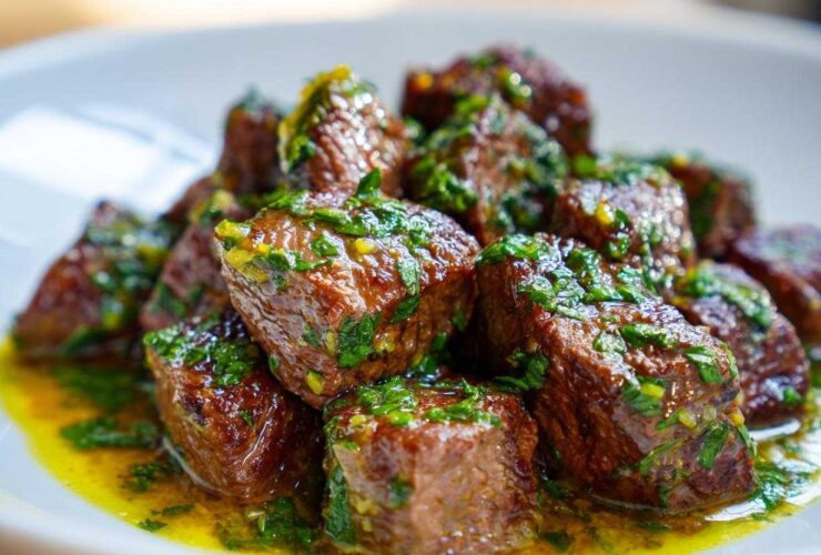 Close-up of tender crockpot steak bites covered in a bright green herb and garlic sauce, resting in yellow juices.