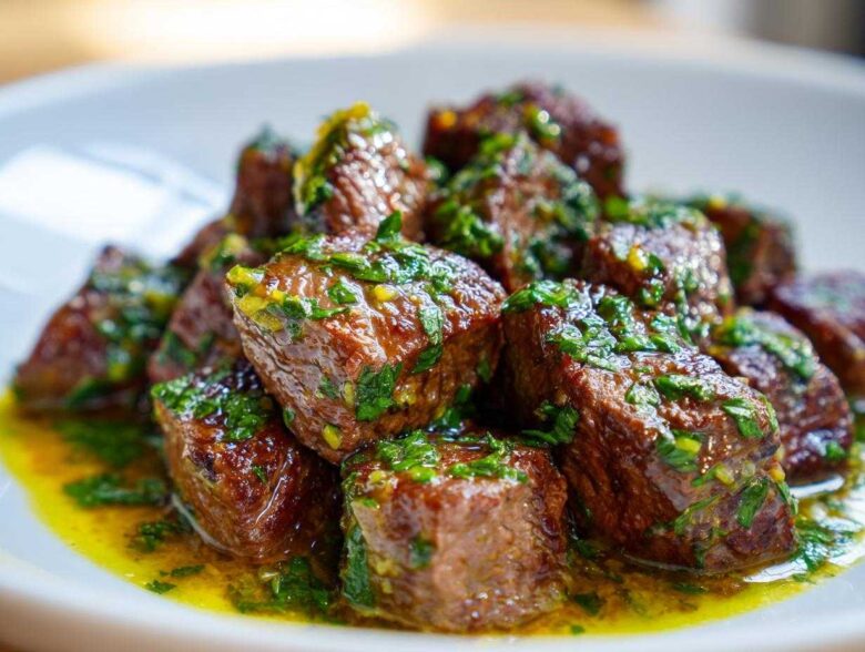 Close-up of tender crockpot steak bites covered in a bright green herb and garlic sauce, resting in yellow juices.