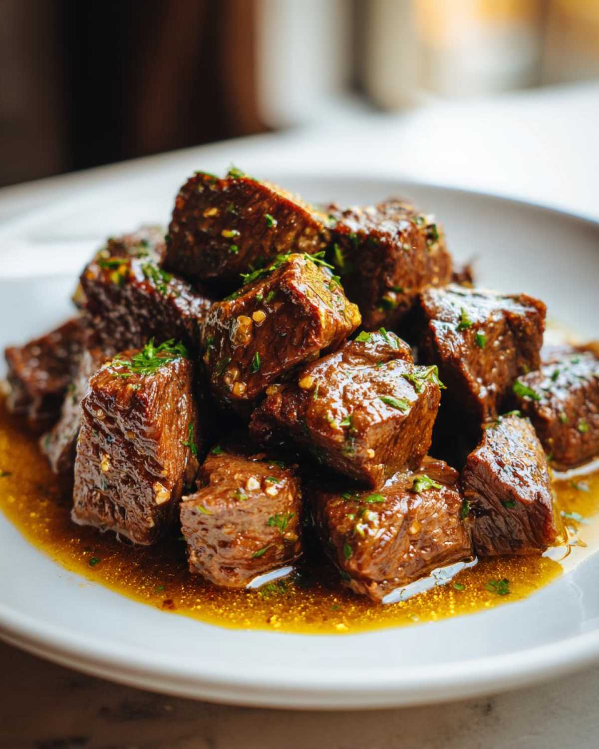 Close-up of tender, cubed crockpot steak bites coated in a rich, glossy brown sauce and sprinkled with fresh herbs.