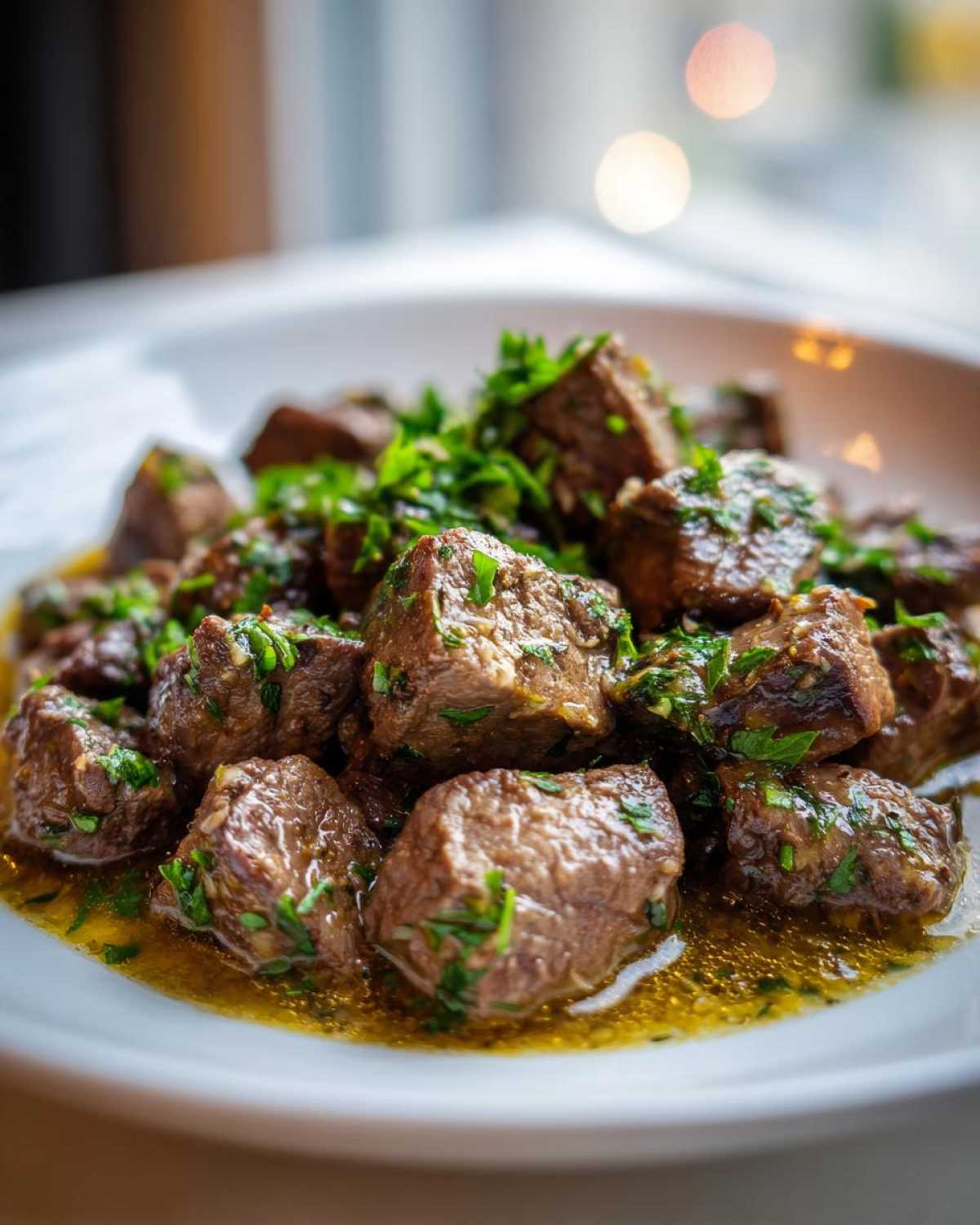 Close-up of tender, juicy crockpot steak cubes glistening in sauce and topped with fresh chopped parsley.