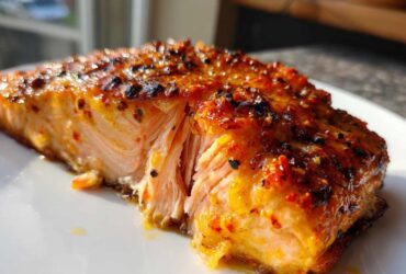 Close-up of a perfectly cooked, flaky salmon fillet with a sweet and spicy glaze, showcasing the moist interior.