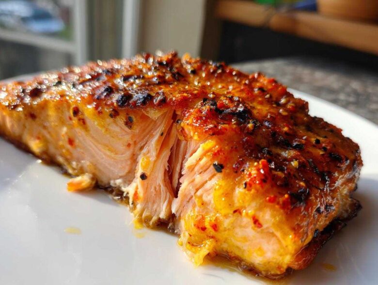 Close-up of a perfectly cooked, flaky salmon fillet with a sweet and spicy glaze, showcasing the moist interior.