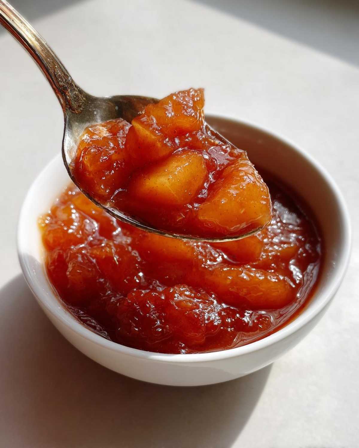 A spoonful of thick, glossy, spiced apple pie filling being lifted from a white bowl.