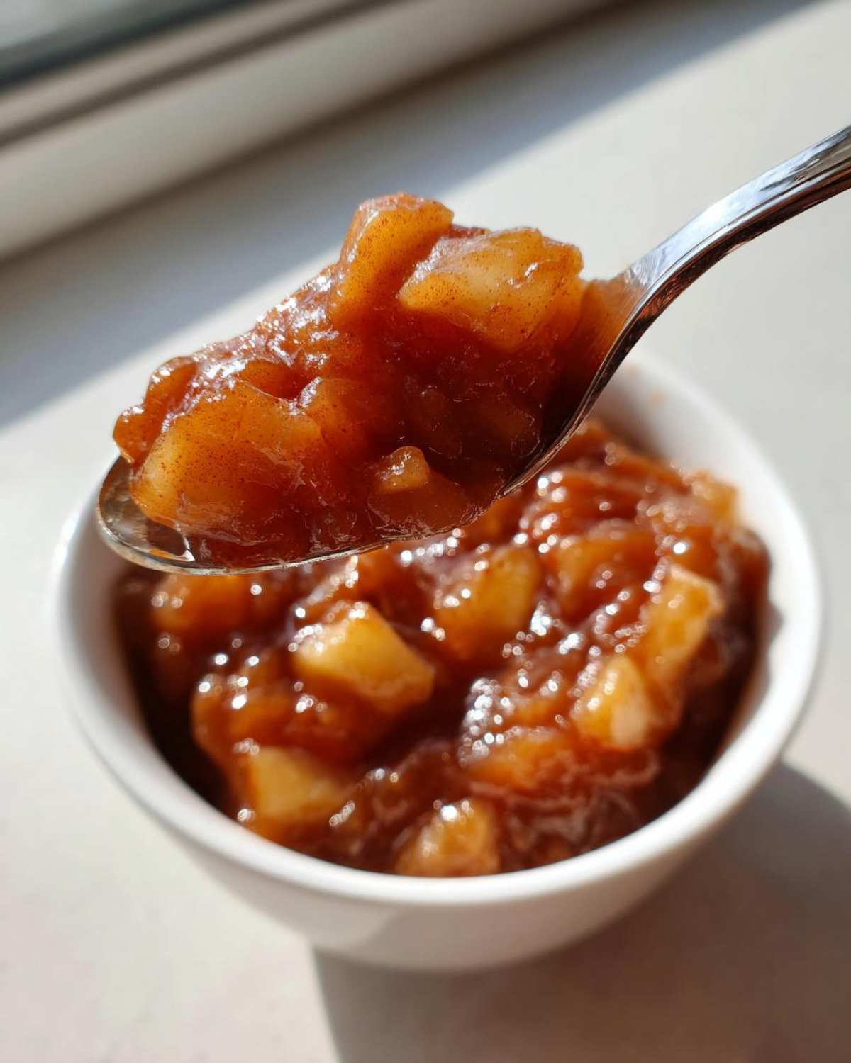 A spoonful of thick, cinnamon-spiced apple pie filling being lifted from a small white bowl.