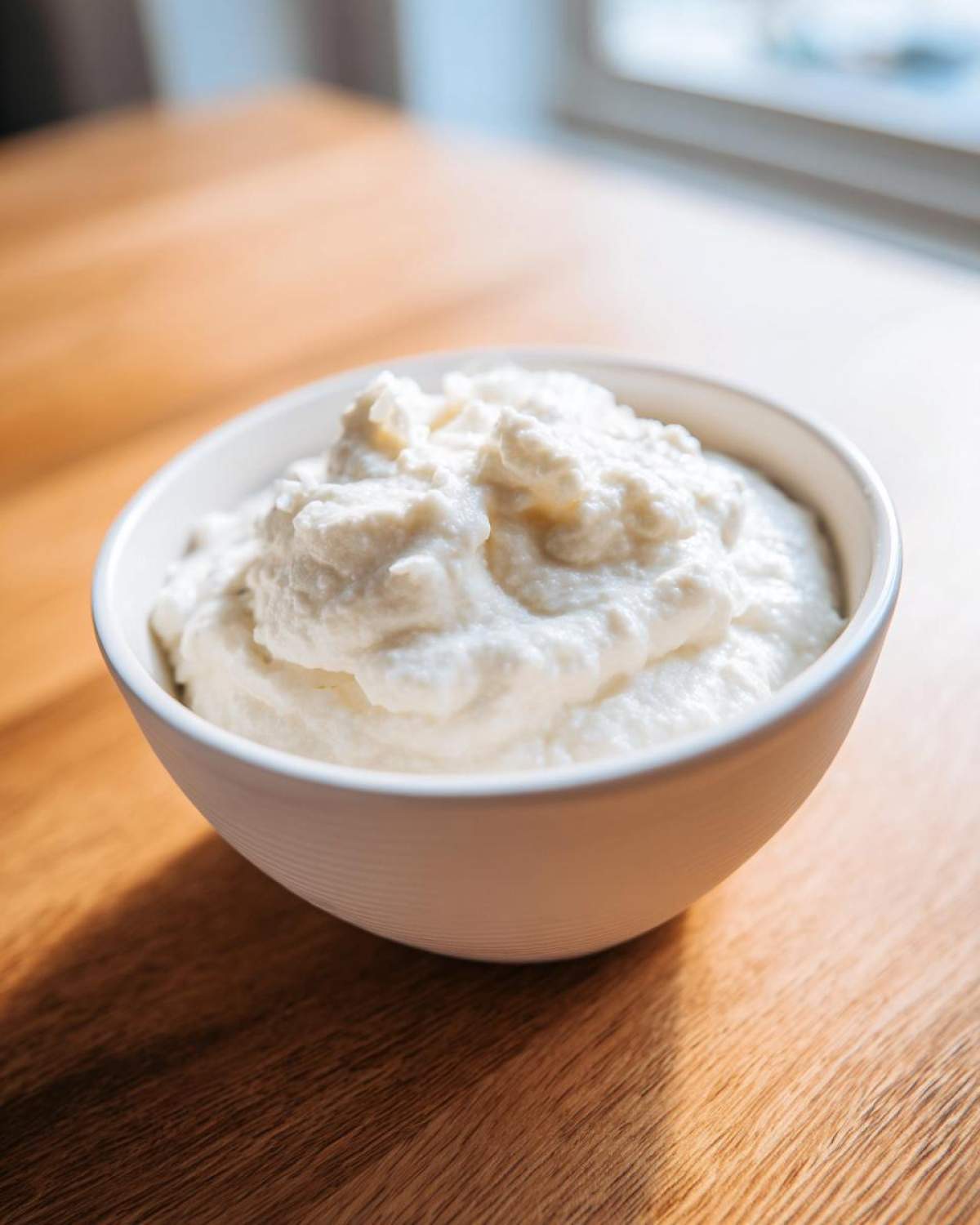 Close-up of thick, creamy white coconut chia pudding served in a small white bowl on a wooden table.