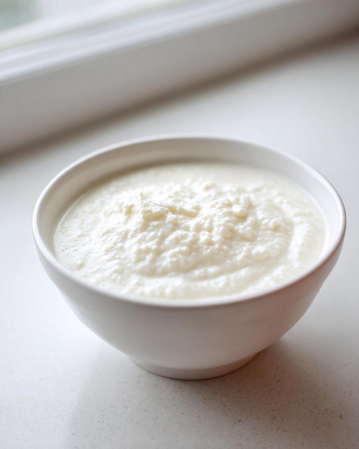 Close-up of a white bowl filled with thick, creamy homemade cream of chicken soup base.