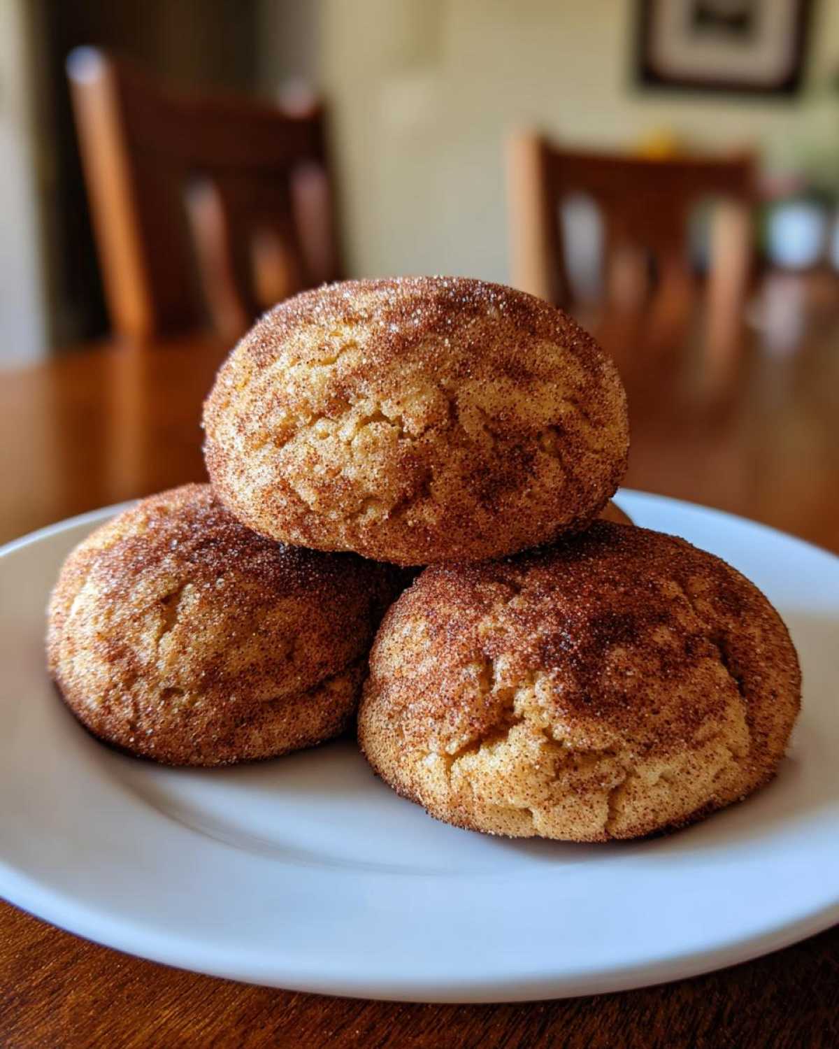 Three soft, round pumpkin snickerdoodle cookies generously coated in cinnamon sugar, stacked on a white plate.