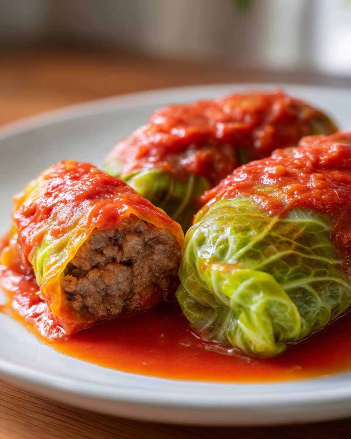 Three delicious cabbage rolls smothered in bright red tomato sauce, one cut open showing the savory meat filling.