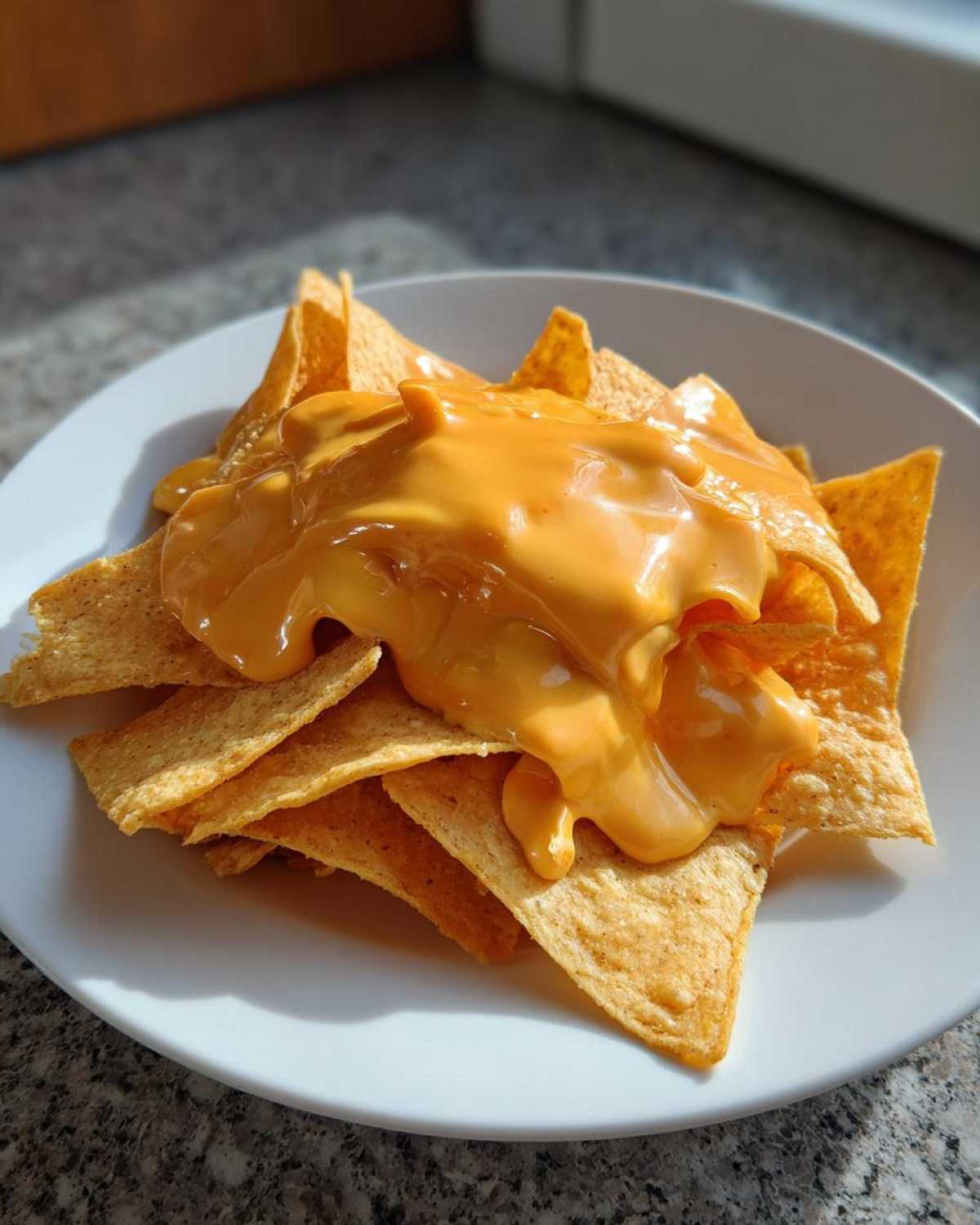 Close-up of tortilla chips covered in a generous amount of smooth, bright orange nacho cheese sauce on a white plate.