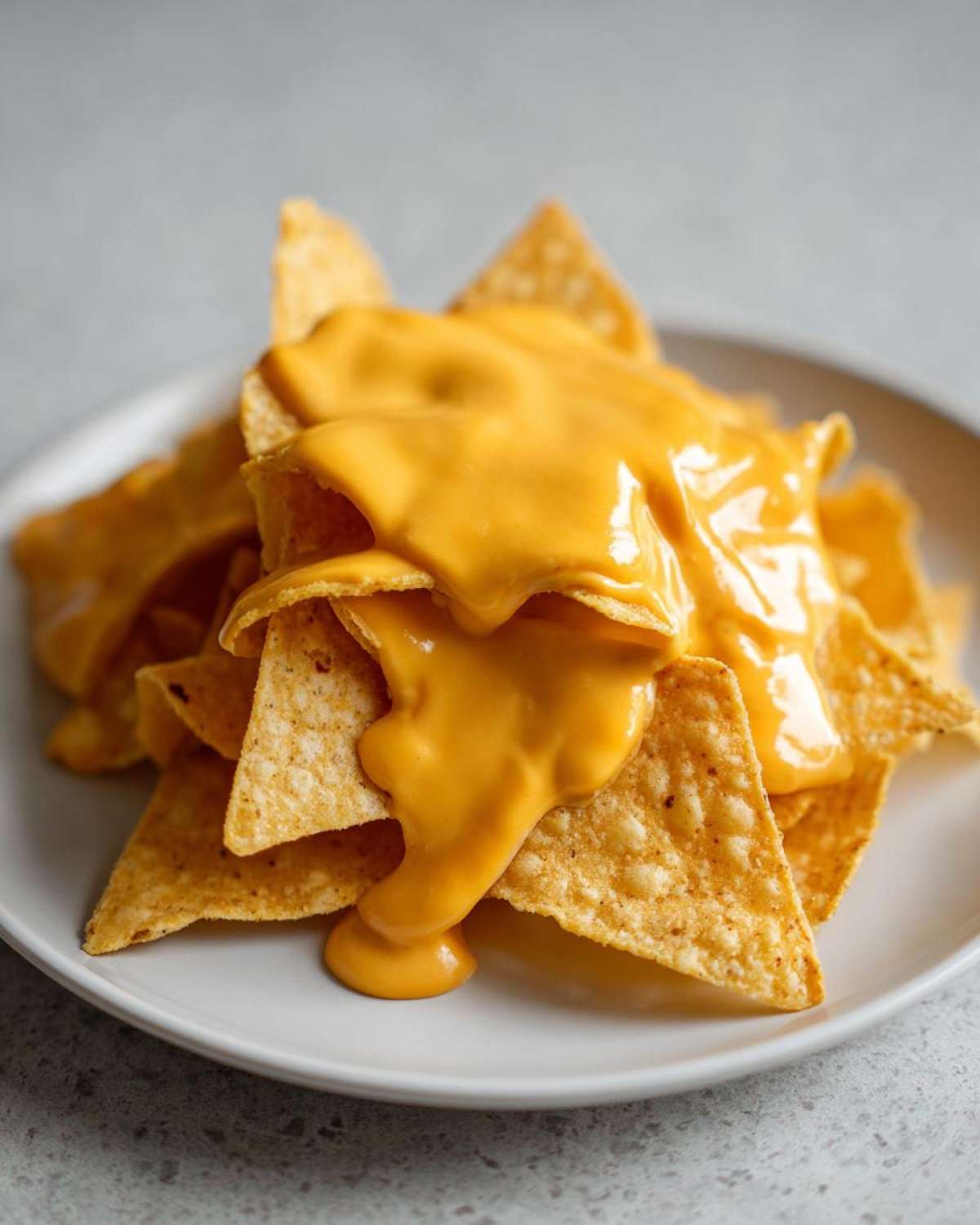 Close-up of tortilla chips generously covered with smooth, bright orange nacho cheese sauce.