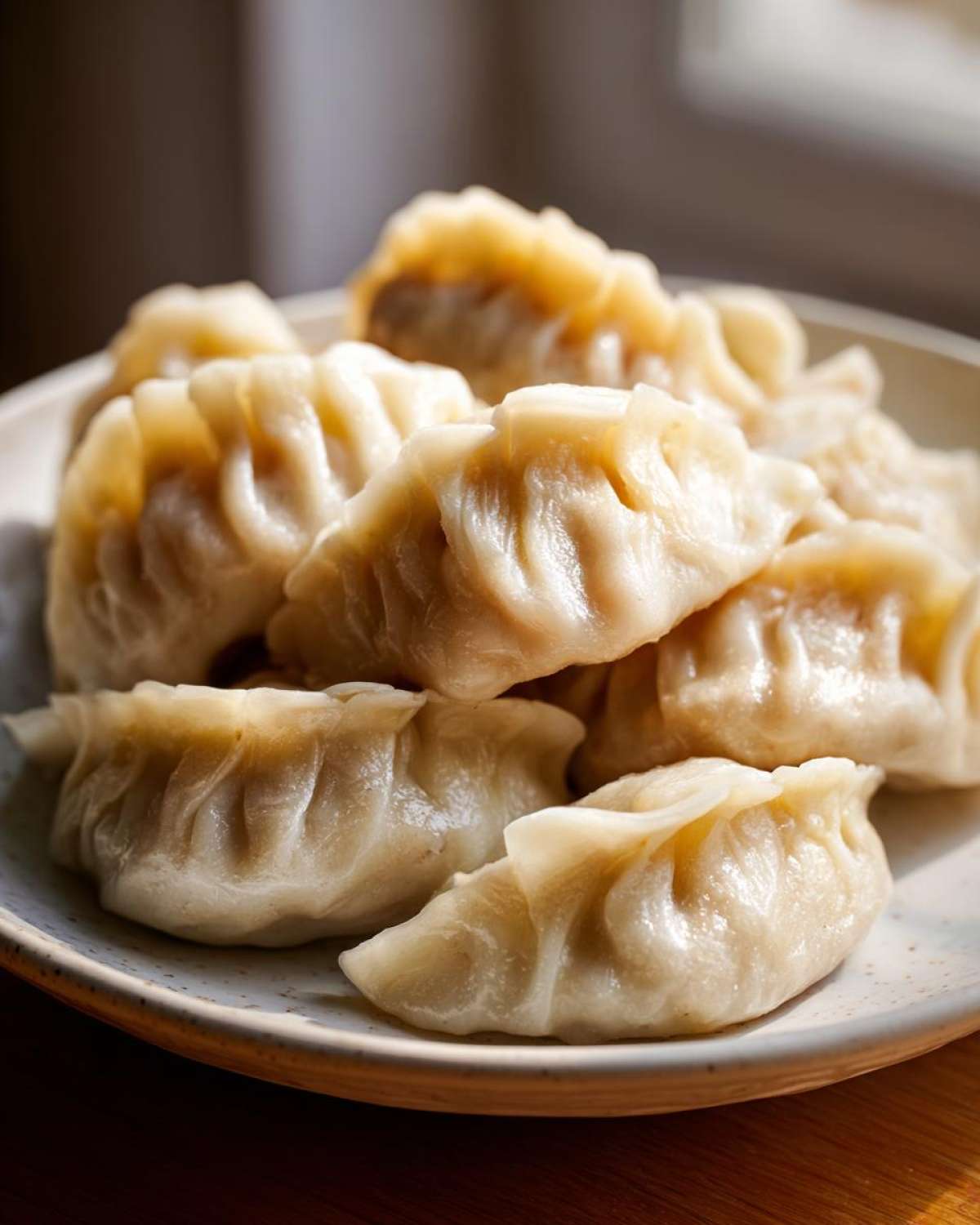 A close-up of several perfectly steamed Traditional Chinese Dumplings piled high on a light-colored, speckled plate.
