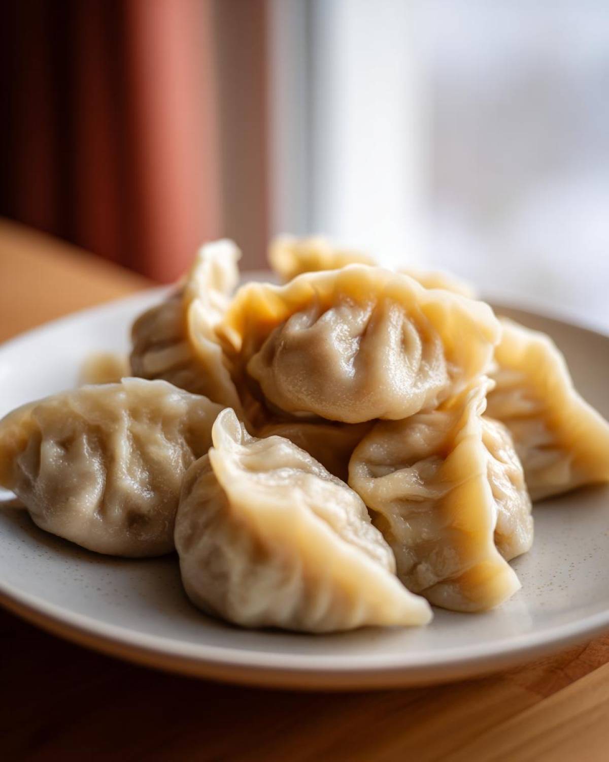 A close-up of several freshly steamed Traditional Chinese Dumplings piled on a light speckled plate.