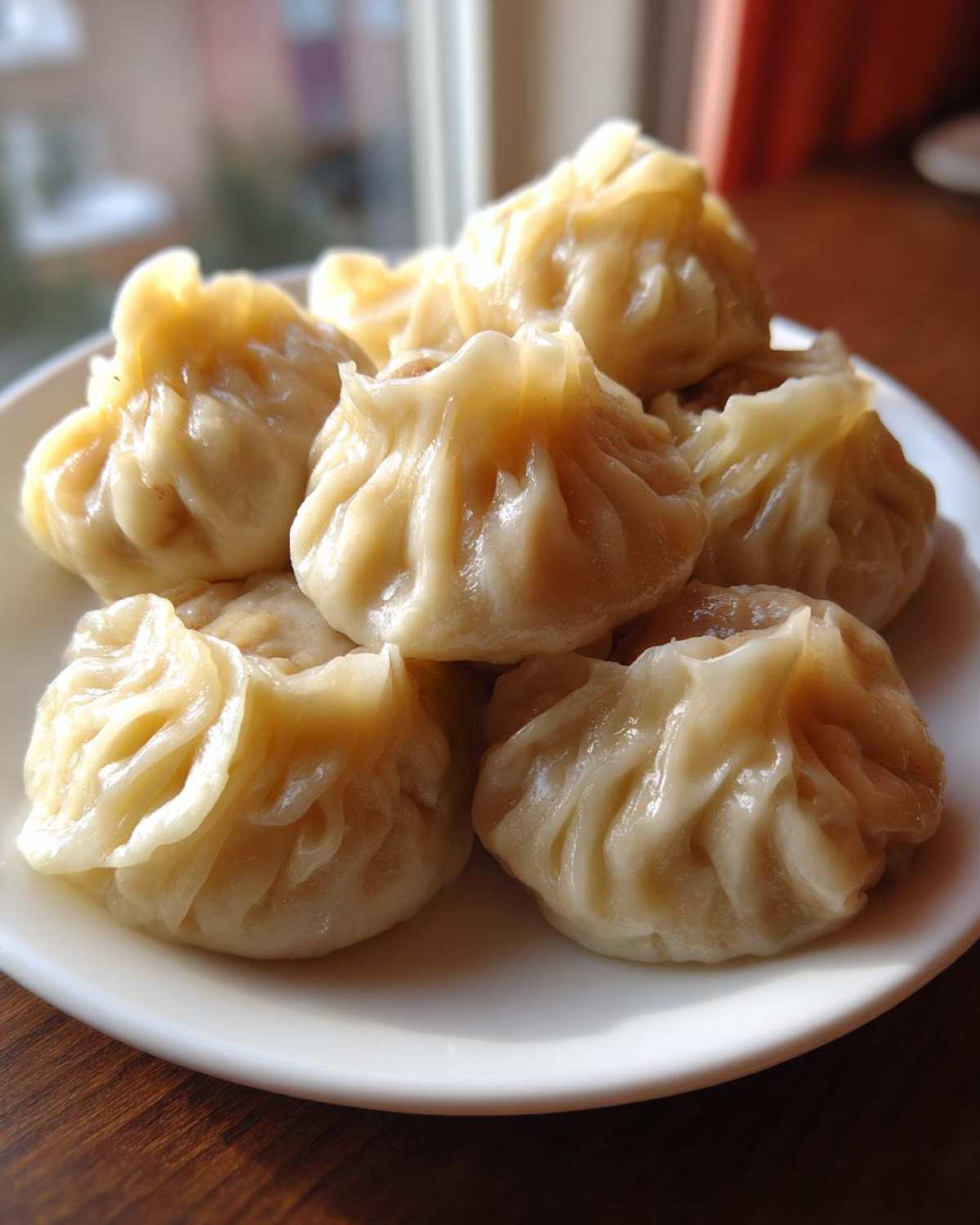 A close-up of several freshly steamed Traditional Chinese Dumplings piled on a white plate.