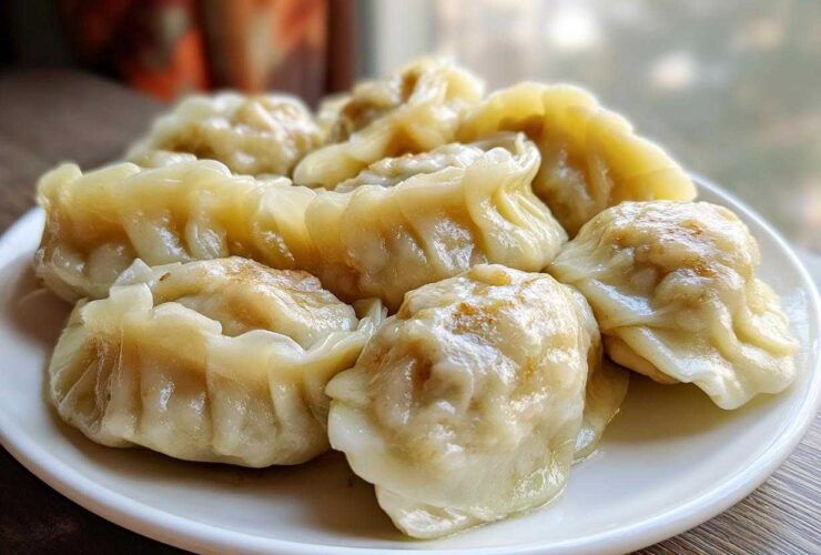 A close-up of several freshly steamed Traditional Chinese Dumplings arranged on a white plate.