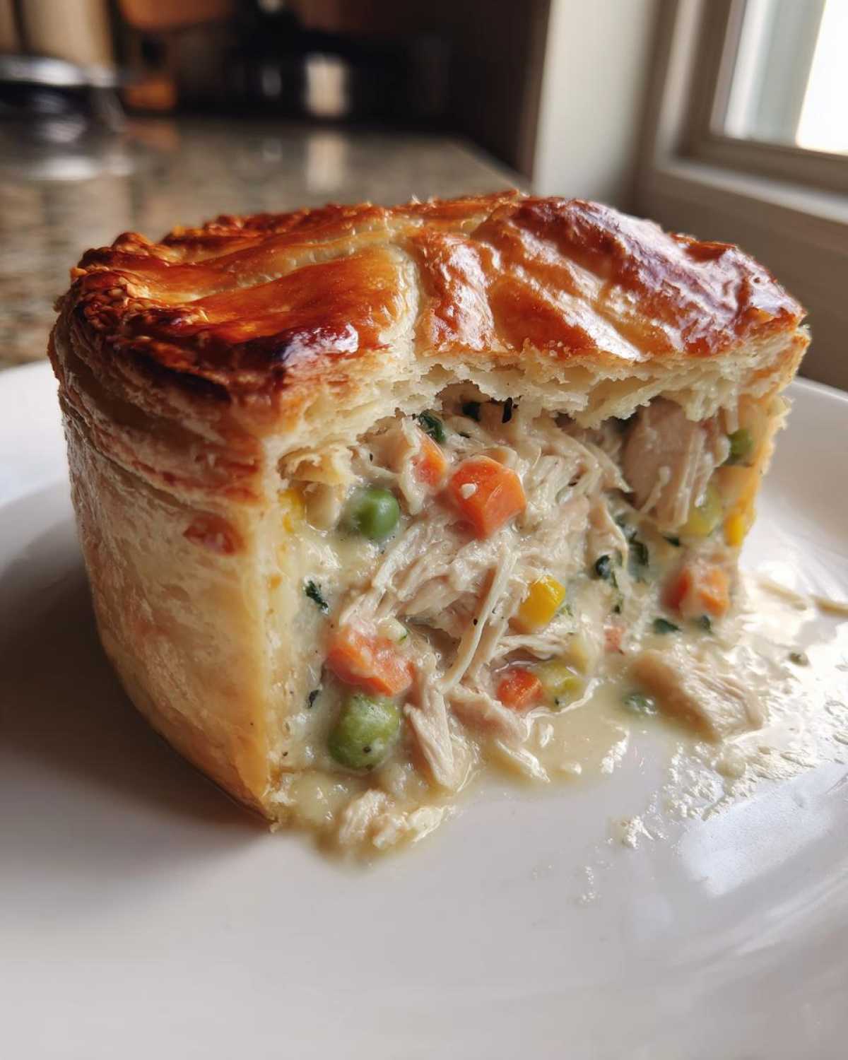 A tall, golden-crusted serving of turkey pot pie recipe, showing creamy filling with shredded turkey, peas, and carrots.