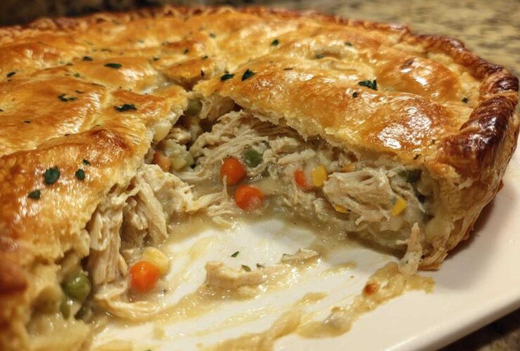 Close-up of a slice taken out of a golden-crusted turkey pot pie recipe, showing shredded turkey and mixed vegetables in creamy sauce.
