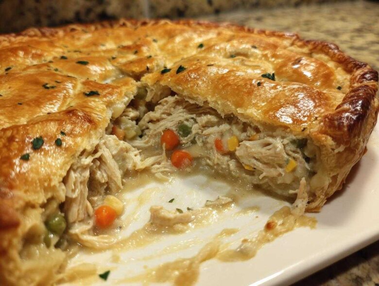 Close-up of a slice taken out of a golden-crusted turkey pot pie recipe, showing shredded turkey and mixed vegetables in creamy sauce.