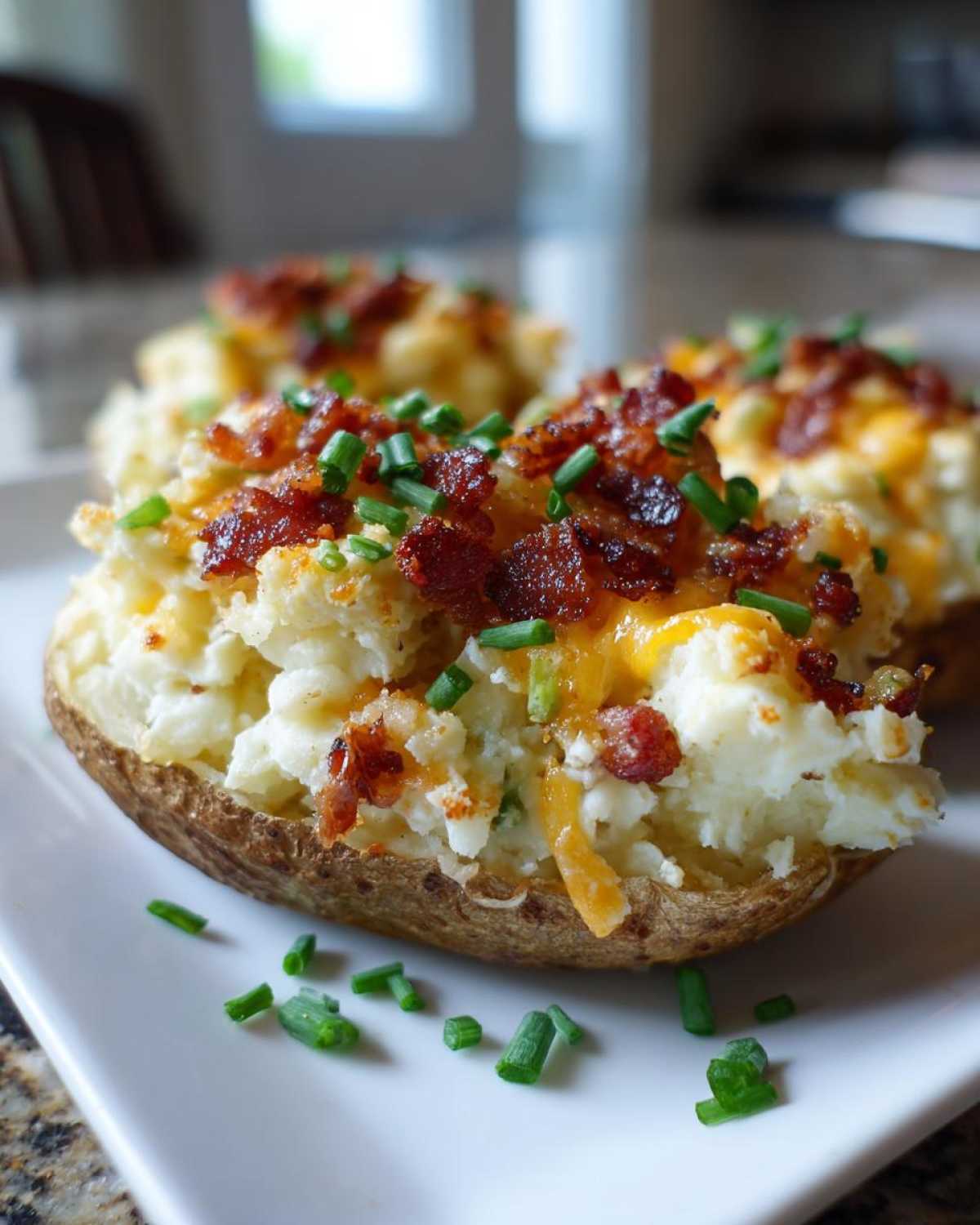 Close-up of delicious twice-baked potatoes stuffed with creamy filling, topped with melted cheddar, bacon bits, and chives.