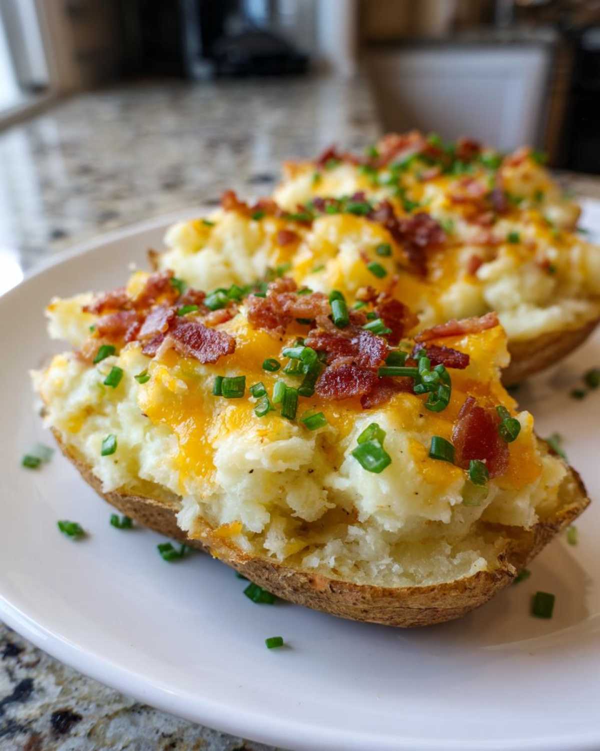 Two halves of twice-baked potatoes stuffed with creamy filling, topped with melted cheddar, bacon bits, and chives.