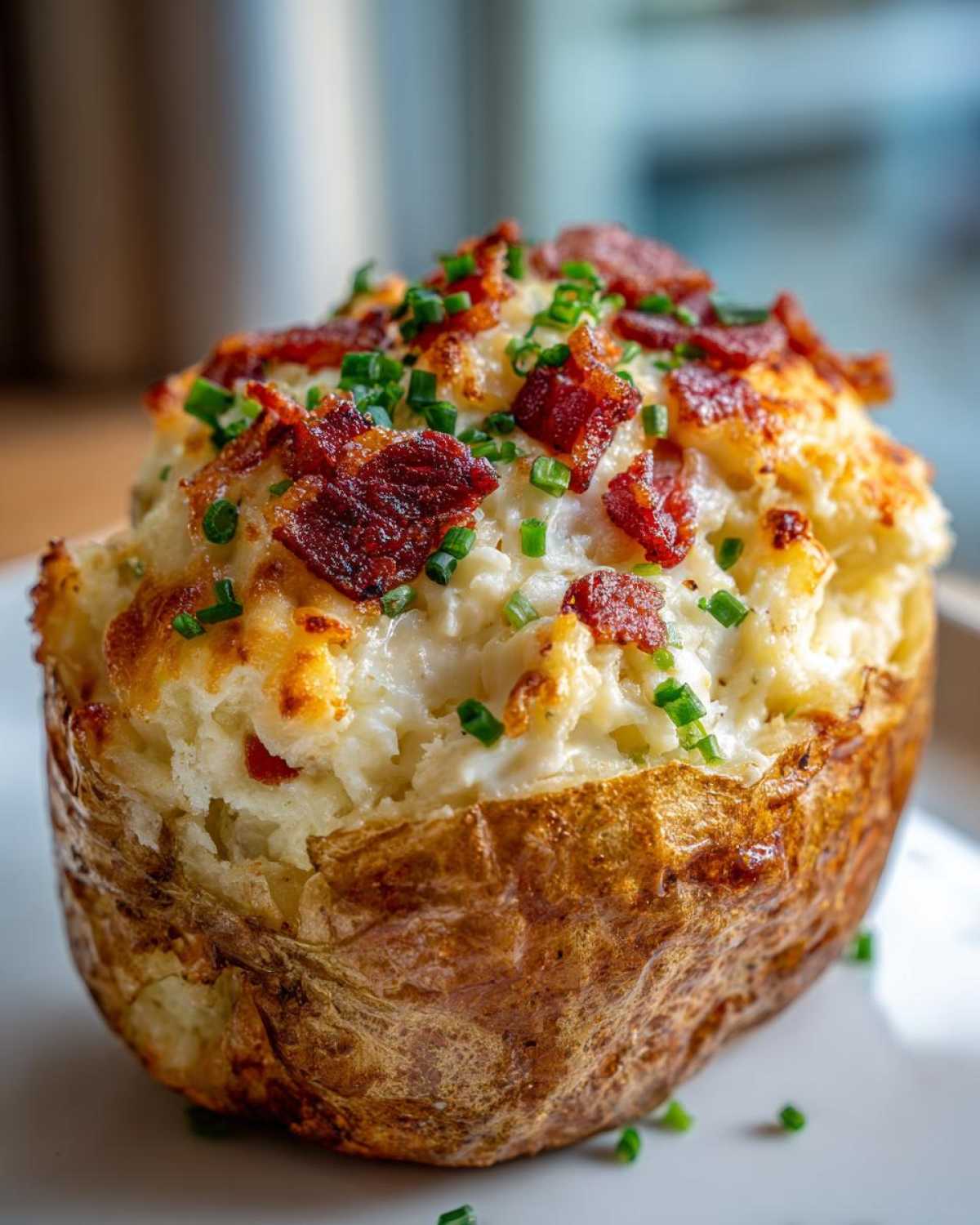 Close-up of a perfectly baked twice baked potatoes stuffed with creamy filling, topped with bacon bits and fresh chives.