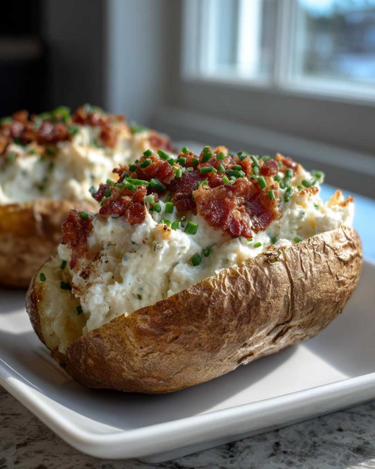 Close-up of a twice baked potato stuffed with creamy filling, topped with crumbled bacon and fresh chives.