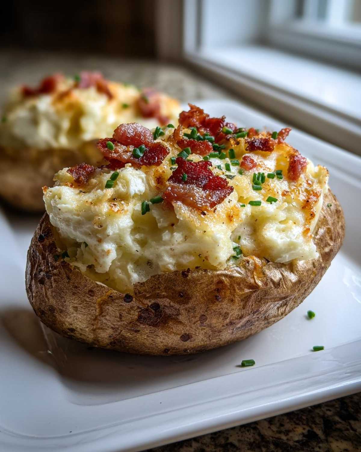 A close-up of a perfectly baked twice baked potatoes, stuffed with creamy filling, topped with crispy bacon bits and chives.