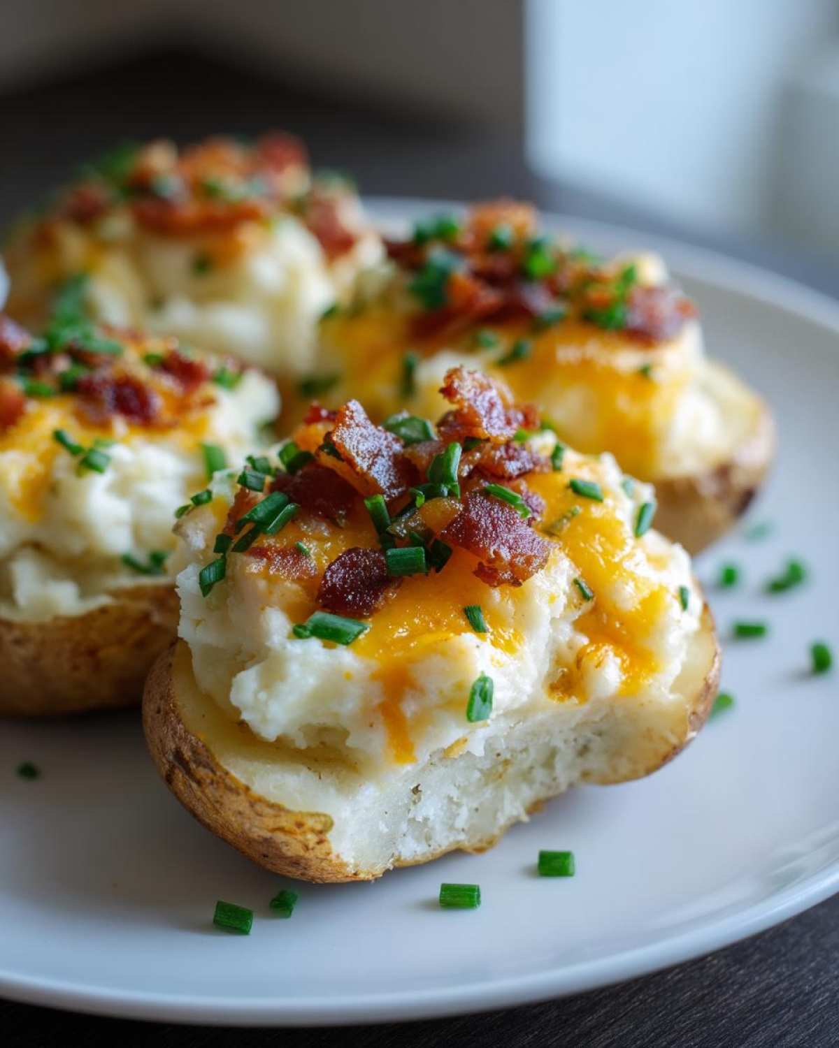 Close-up of delicious twice-baked potatoes loaded with cheese, bacon bits, and fresh chives.