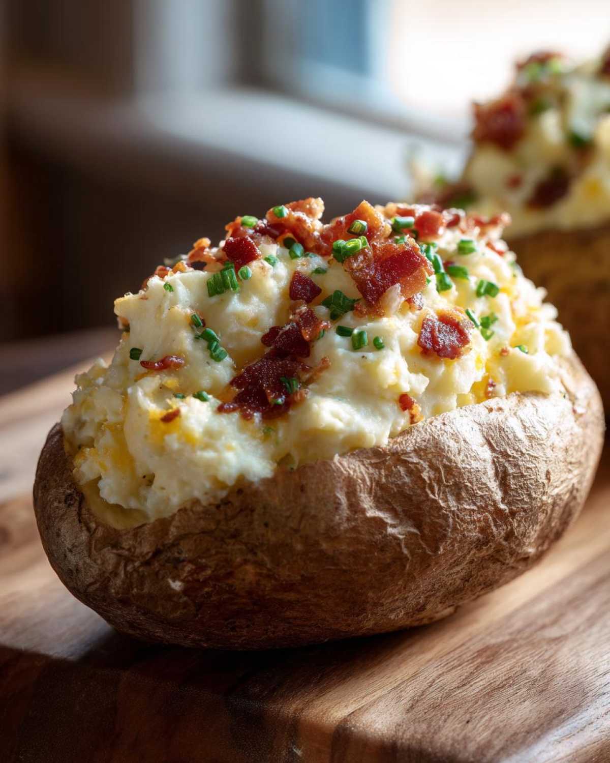 Close-up of a fluffy twice baked potato stuffed with mashed potato filling, topped with crispy bacon bits and fresh chives.