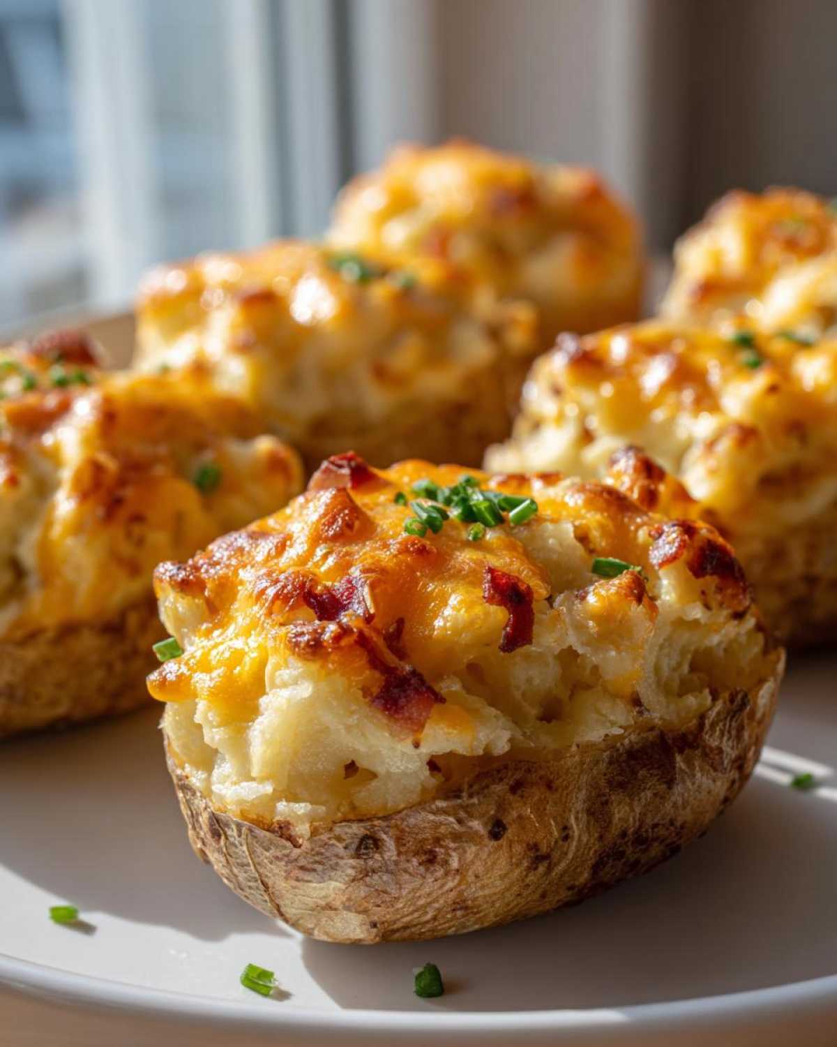 Close-up of a perfectly baked twice baked potato topped with melted cheddar cheese and chives.