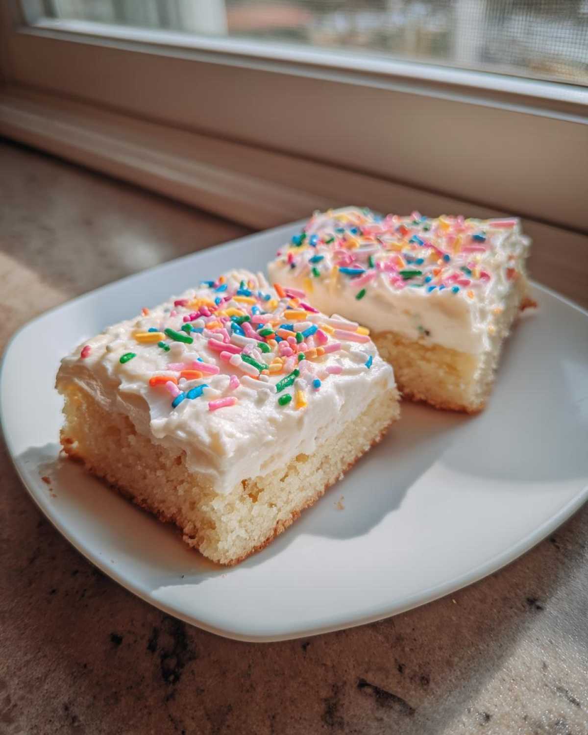 Two square slices of thick sugar cookie bars topped with white frosting and colorful sprinkles.