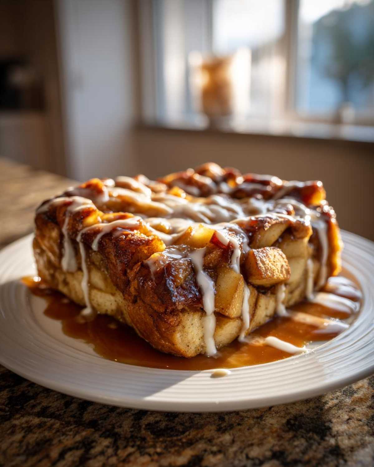 A rich, golden brown apple bread pudding topped with caramelized apples and a white glaze, sitting in caramel sauce.