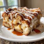A decadent slice of apple bread pudding topped with white icing and dripping caramel sauce.
