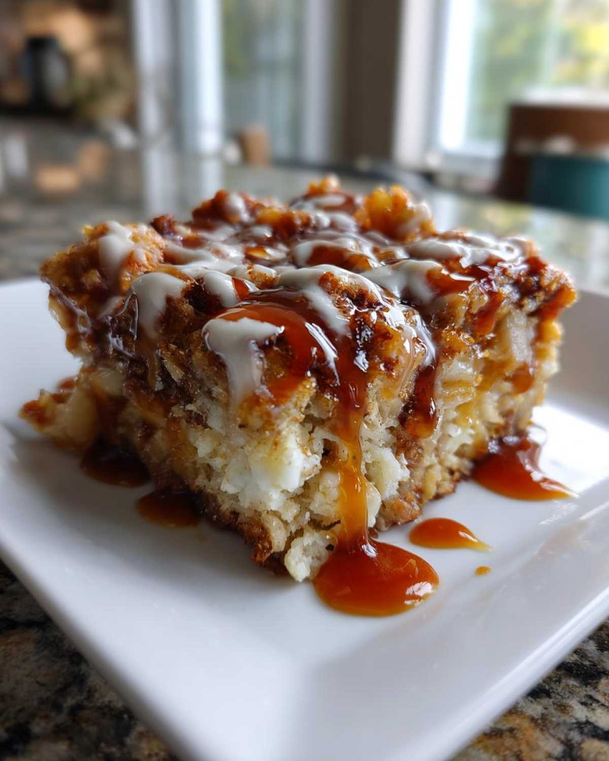 A square slice of rich apple bread pudding topped with white icing and dripping caramel sauce.