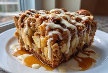 A close-up of a decadent slice of apple bread pudding topped with caramel and vanilla glaze.