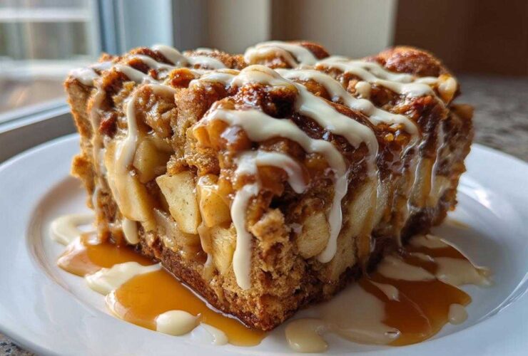 A close-up of a decadent slice of apple bread pudding topped with caramel and vanilla glaze.