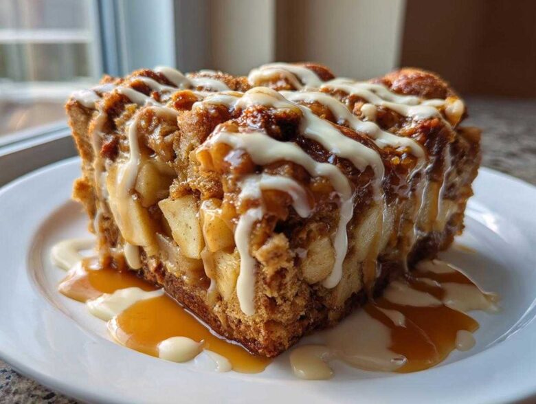 A close-up of a decadent slice of apple bread pudding topped with caramel and vanilla glaze.