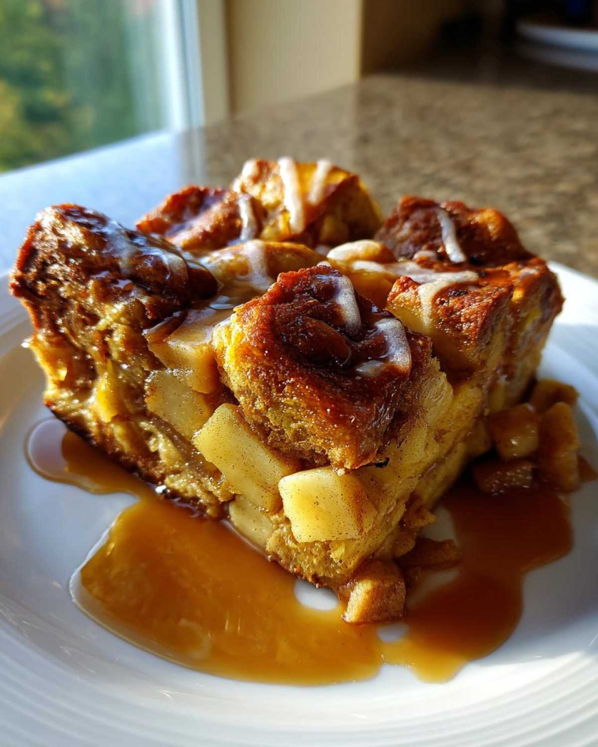 A square serving of ultimate apple bread pudding topped with white glaze and caramel sauce.