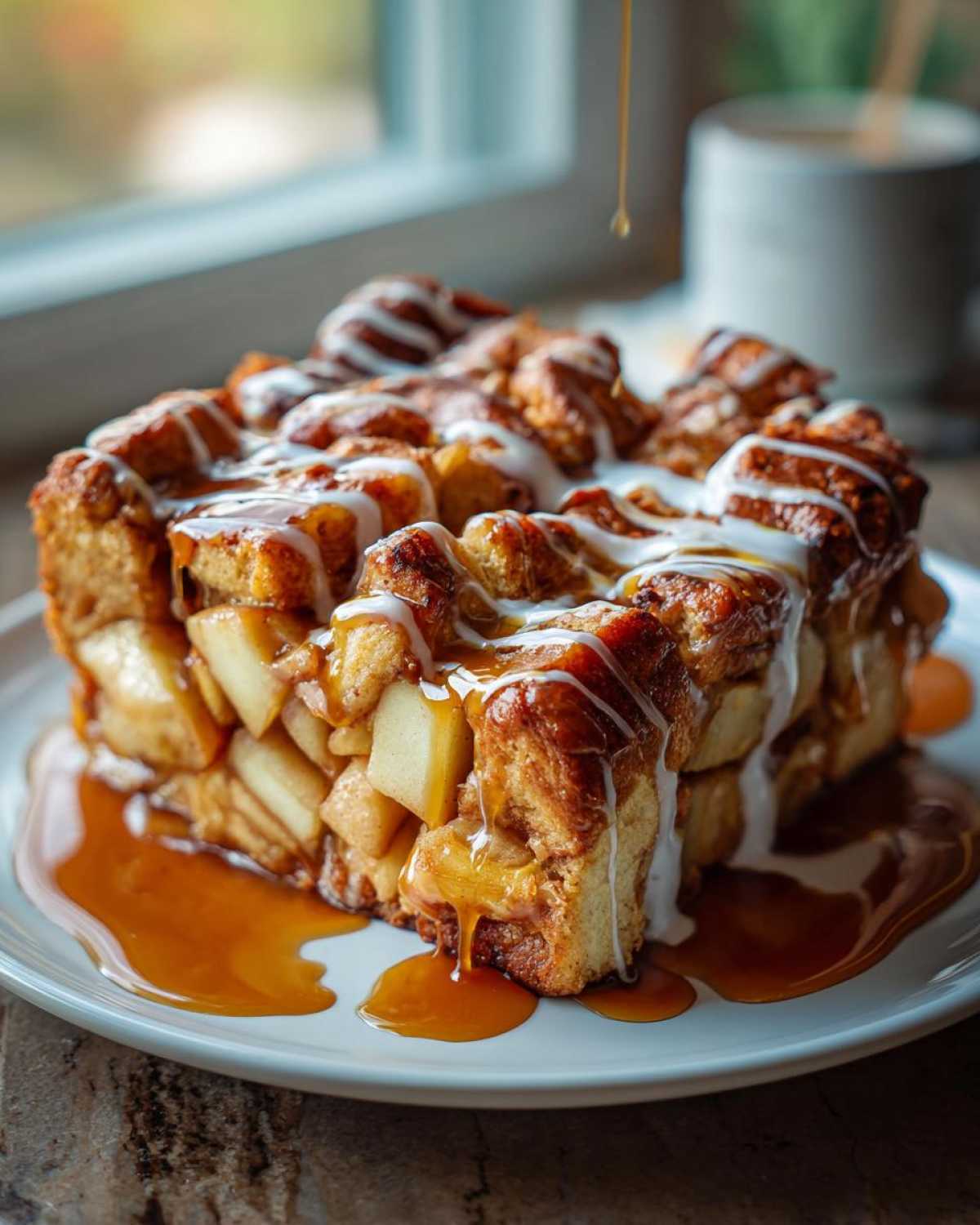A rich slice of ultimate apple bread pudding, drizzled with caramel and white icing, served on a white plate.