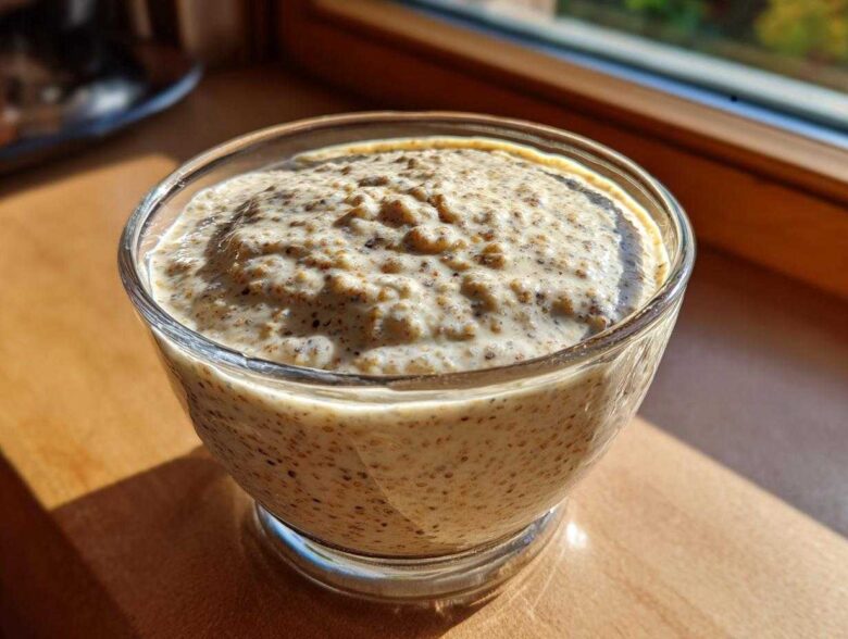 Close-up of thick chia seed pudding in a glass bowl, showing visible whole seeds.