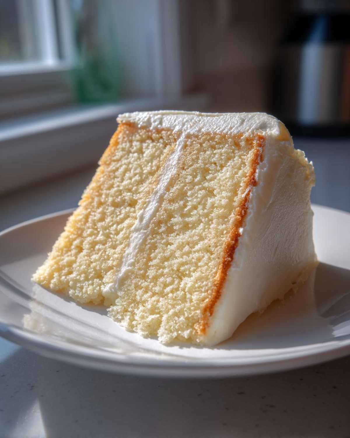 A perfect slice of moist vanilla cake recipe layered with creamy white frosting, sitting on a white plate.