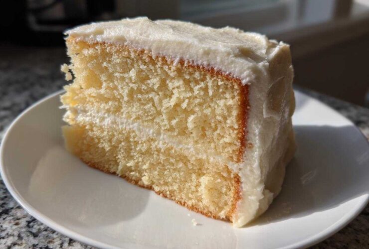 A close-up slice of moist vanilla cake recipe layered with white frosting on a white plate.