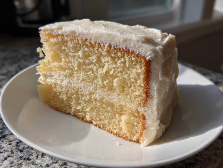 A close-up slice of moist vanilla cake recipe layered with white frosting on a white plate.