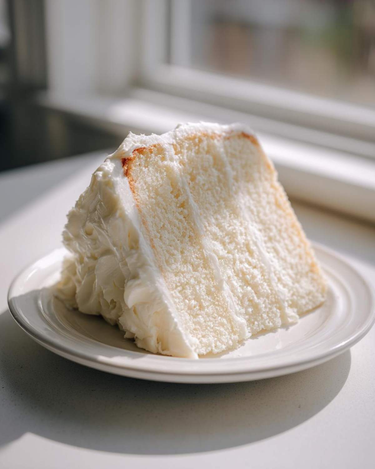 A tall, moist slice of vanilla cake recipe layered with thick white buttercream frosting, sitting on a white plate.