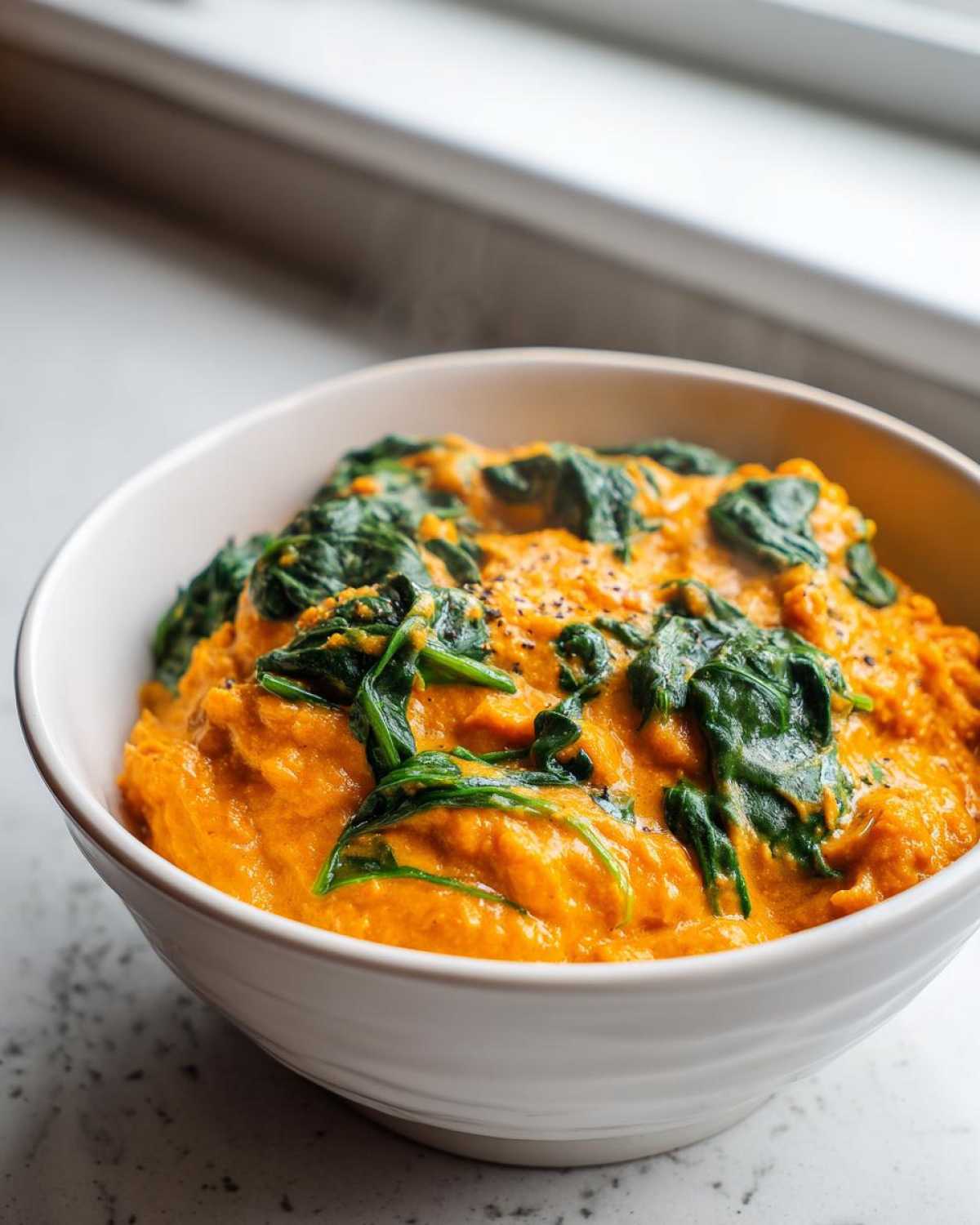 Close-up of a white bowl filled with hot vegan pumpkin curry topped with wilted spinach and black pepper.