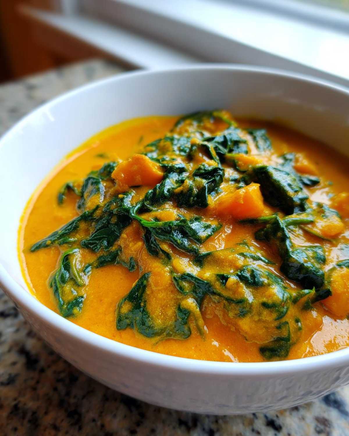 Close-up of a creamy, orange pumpkin curry loaded with wilted spinach, served in a white bowl.