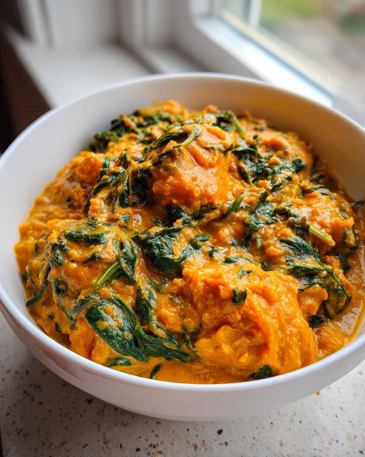 Close-up of a white bowl filled with vibrant orange pumpkin curry mixed with wilted green spinach.