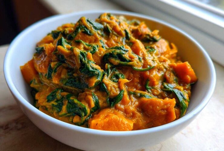 A close-up of a white bowl filled with thick, creamy vegan pumpkin curry featuring chunks of orange squash and wilted green spinach.