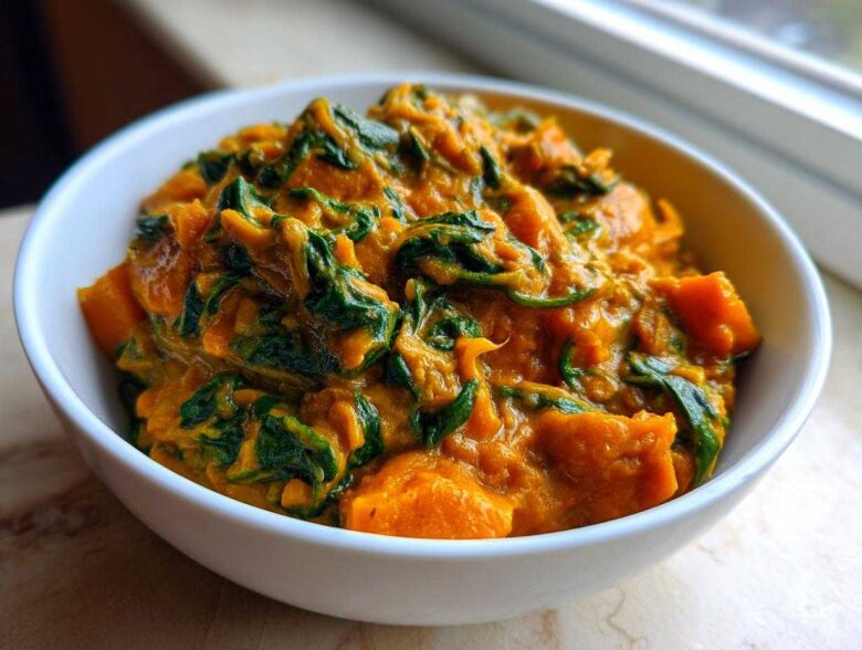 A close-up of a white bowl filled with thick, creamy vegan pumpkin curry featuring chunks of orange squash and wilted green spinach.